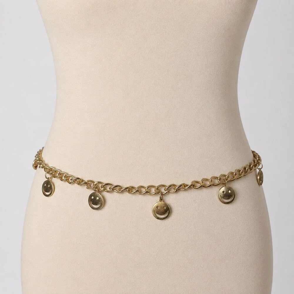 Vintage Y2K Gold Happy Face Charm Belt Womens Smiley Kidcore Retro Festival 90s